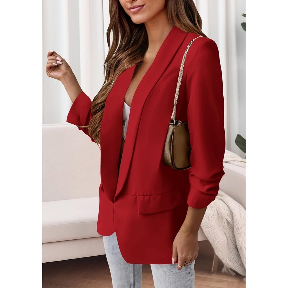 Women's Red Casual Blazer Spring Fall Fashion Long Sleeve Open Front Work - Picture 3 of 6